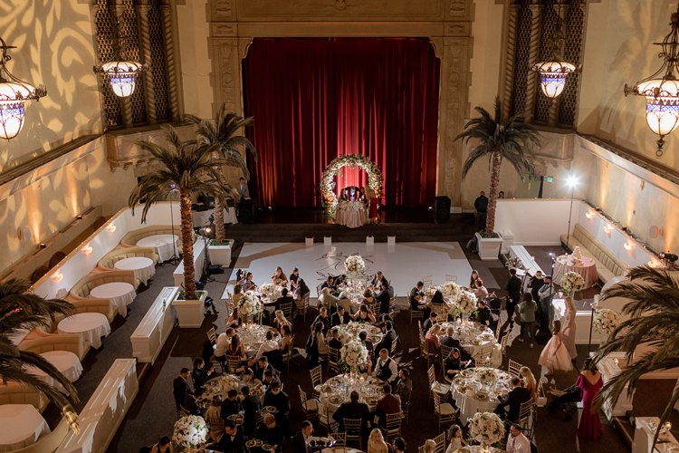 Beautifully decorated reception at Corinthian Grand Ballroom showcasing a luxurious wedding celebration in San Jose
