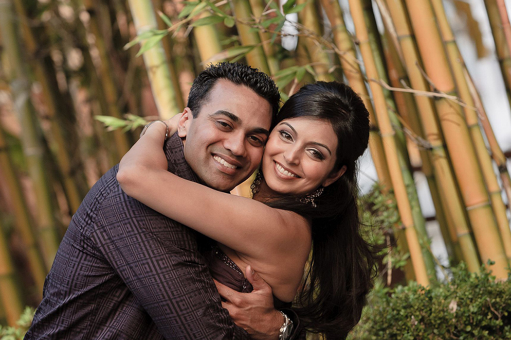 romantic indian couple embracing in a bamboo grove during their sacramento ca engagement session