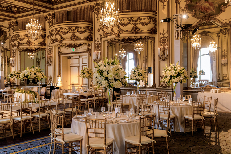 Wedding reception room detail inside Fairmont San Francisco with sophisticated design and romantic atmosphere.