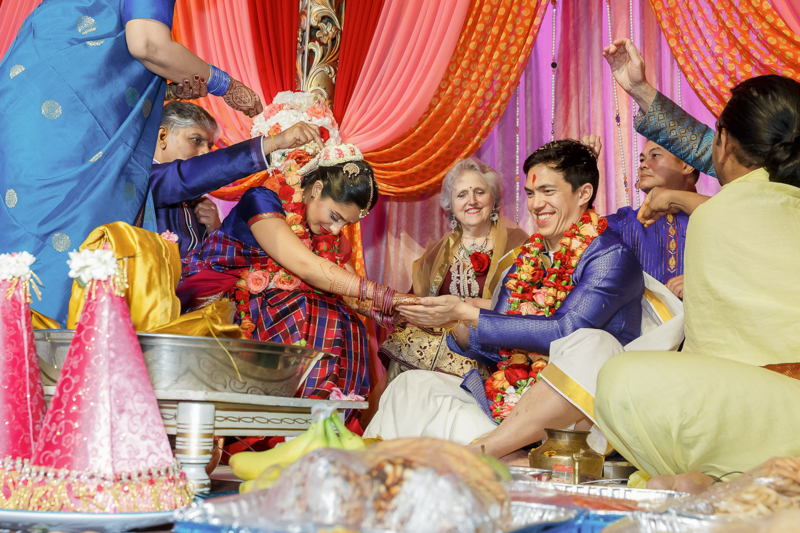Emotional Indian wedding moment during temple ceremony at Shiva-Vishnu Temple in Livermore California