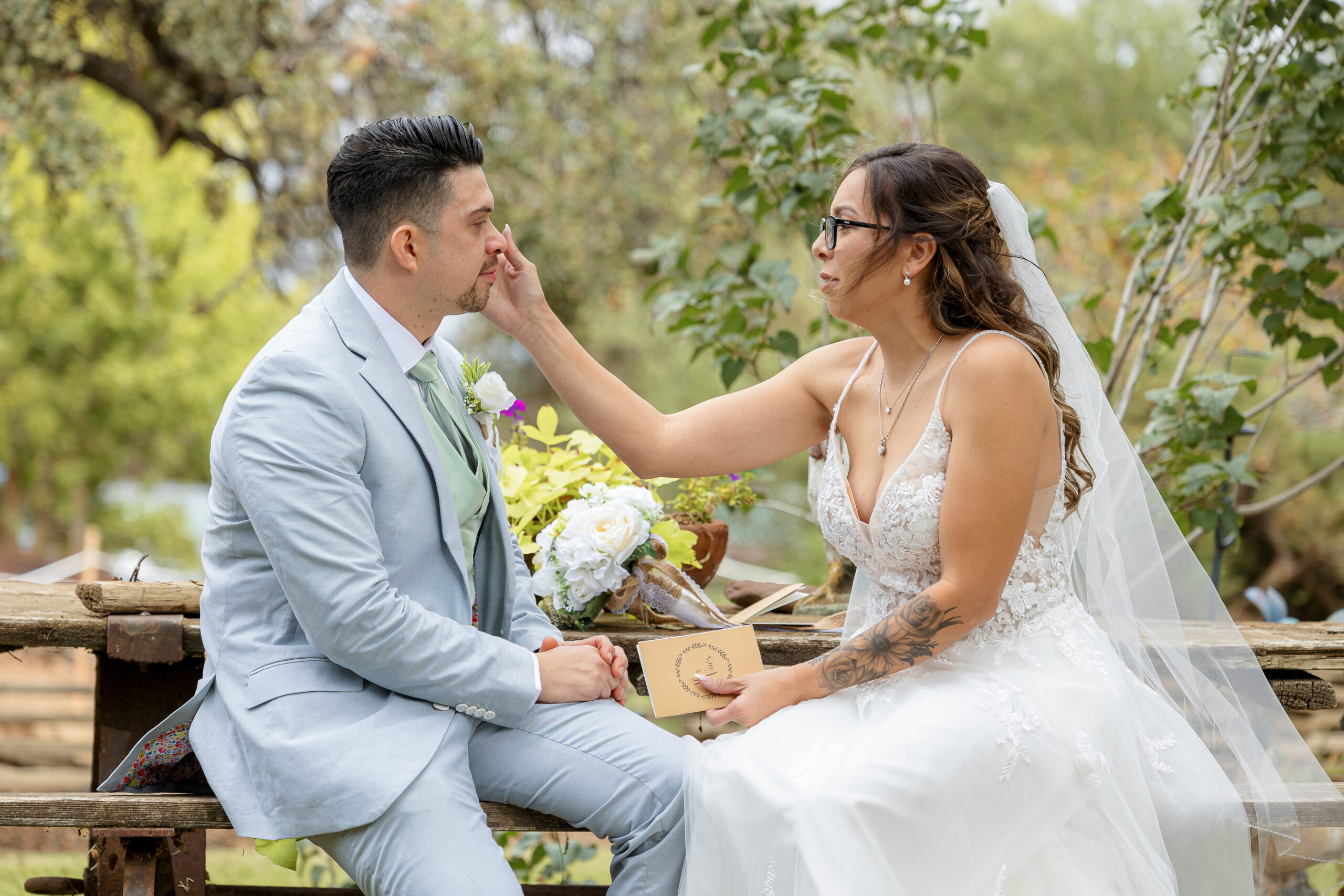 Bride and groom sharing a heartfelt private vow moment at The Yolanda Ranch in Woodland