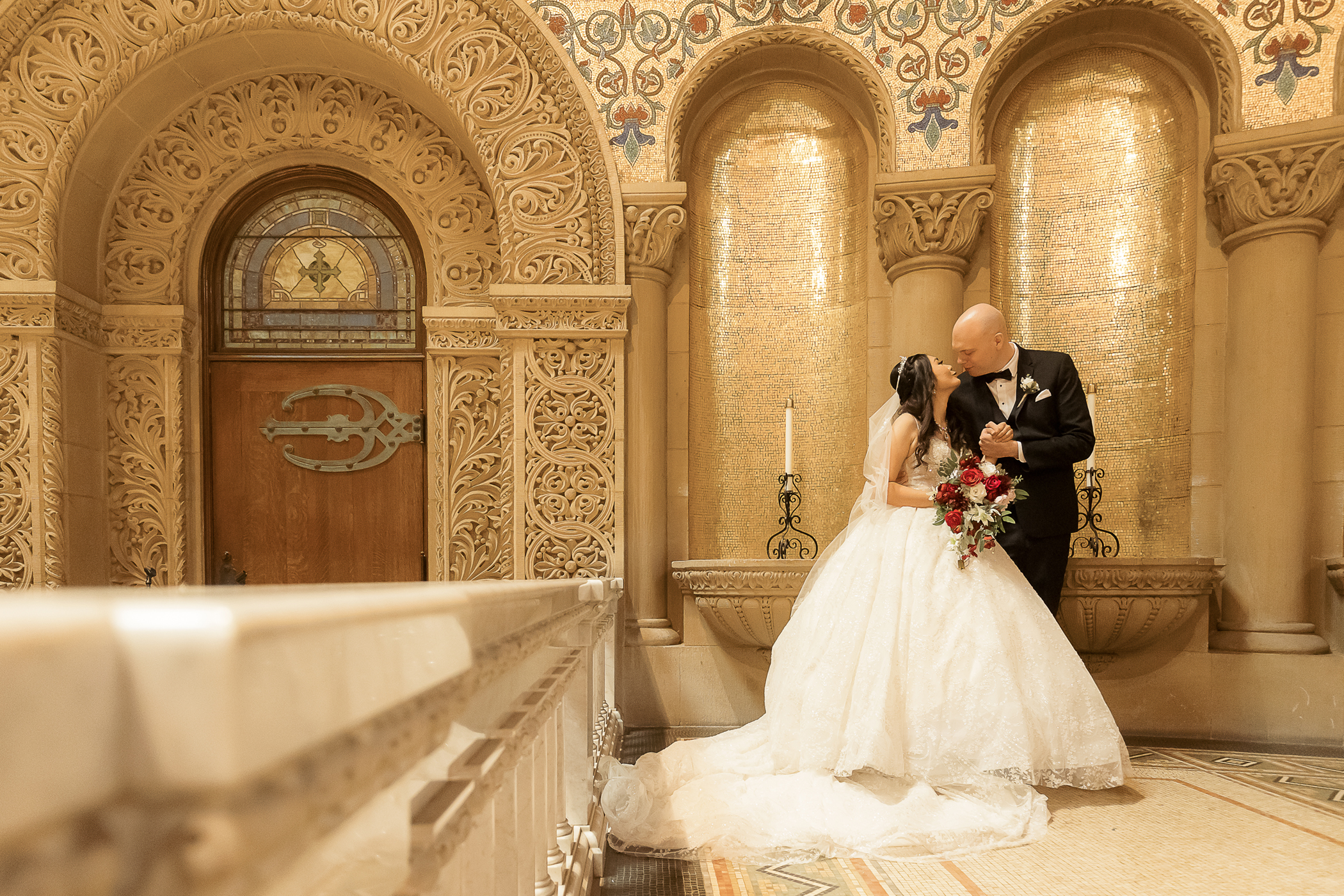 Wedding ceremony inside Stanford Memorial Church in Palo Alto