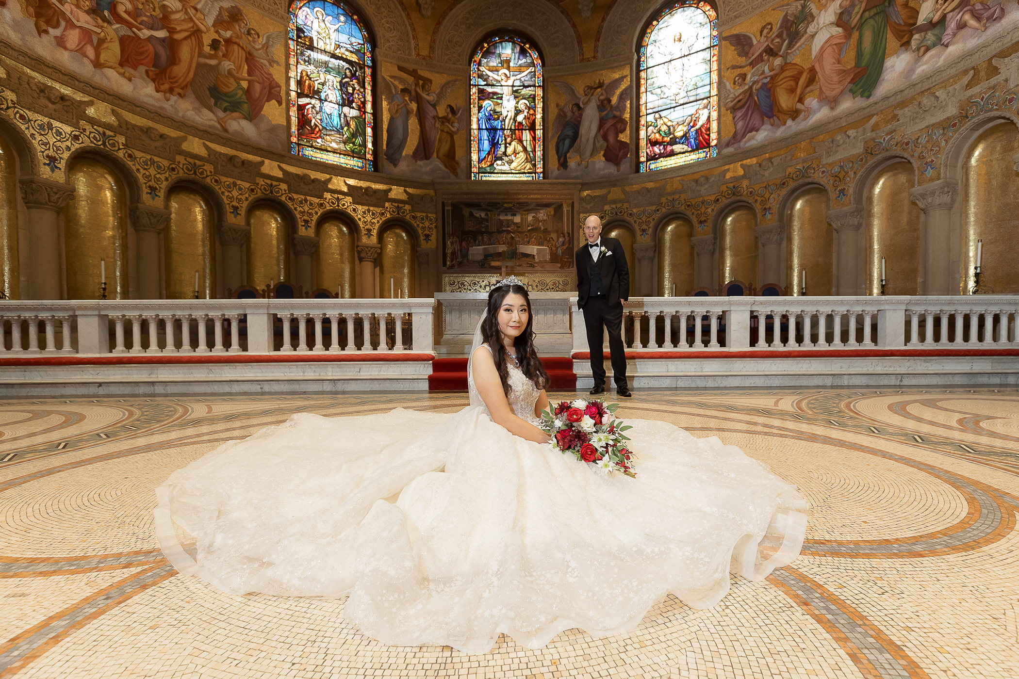 Romantic bride and groom portrait outside at Allied Arts Guild