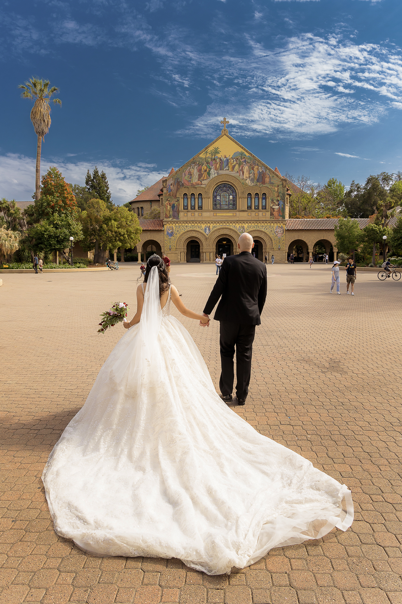 Timeless couple portrait in front of Stanford Memorial Church