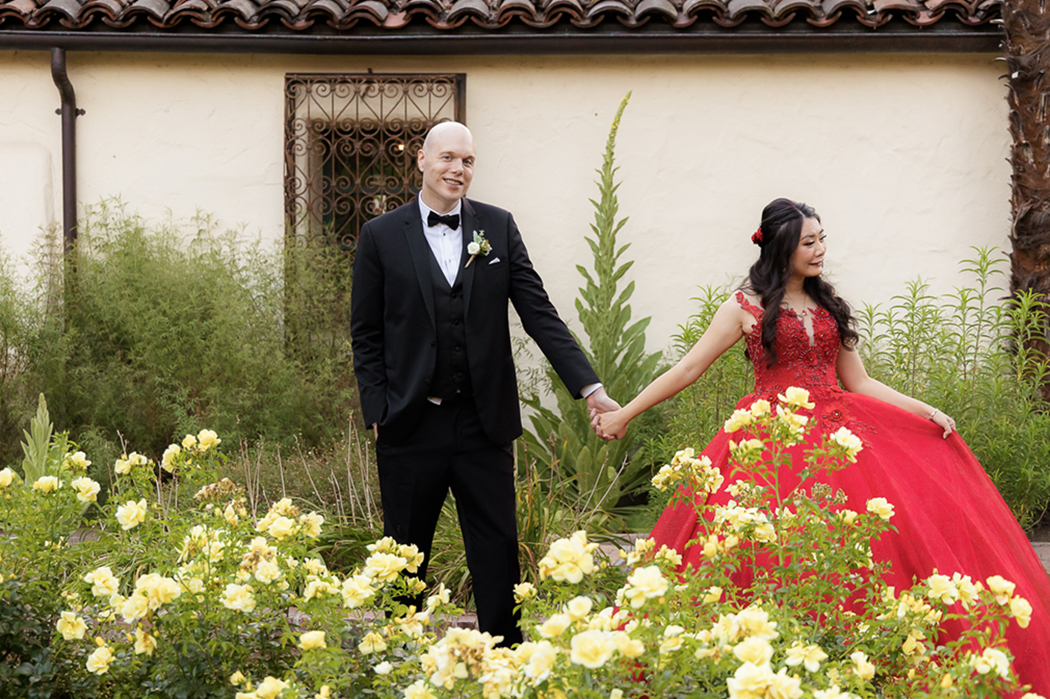Bride and groom portrait in garden at Allied Arts Guild in Menlo Park
