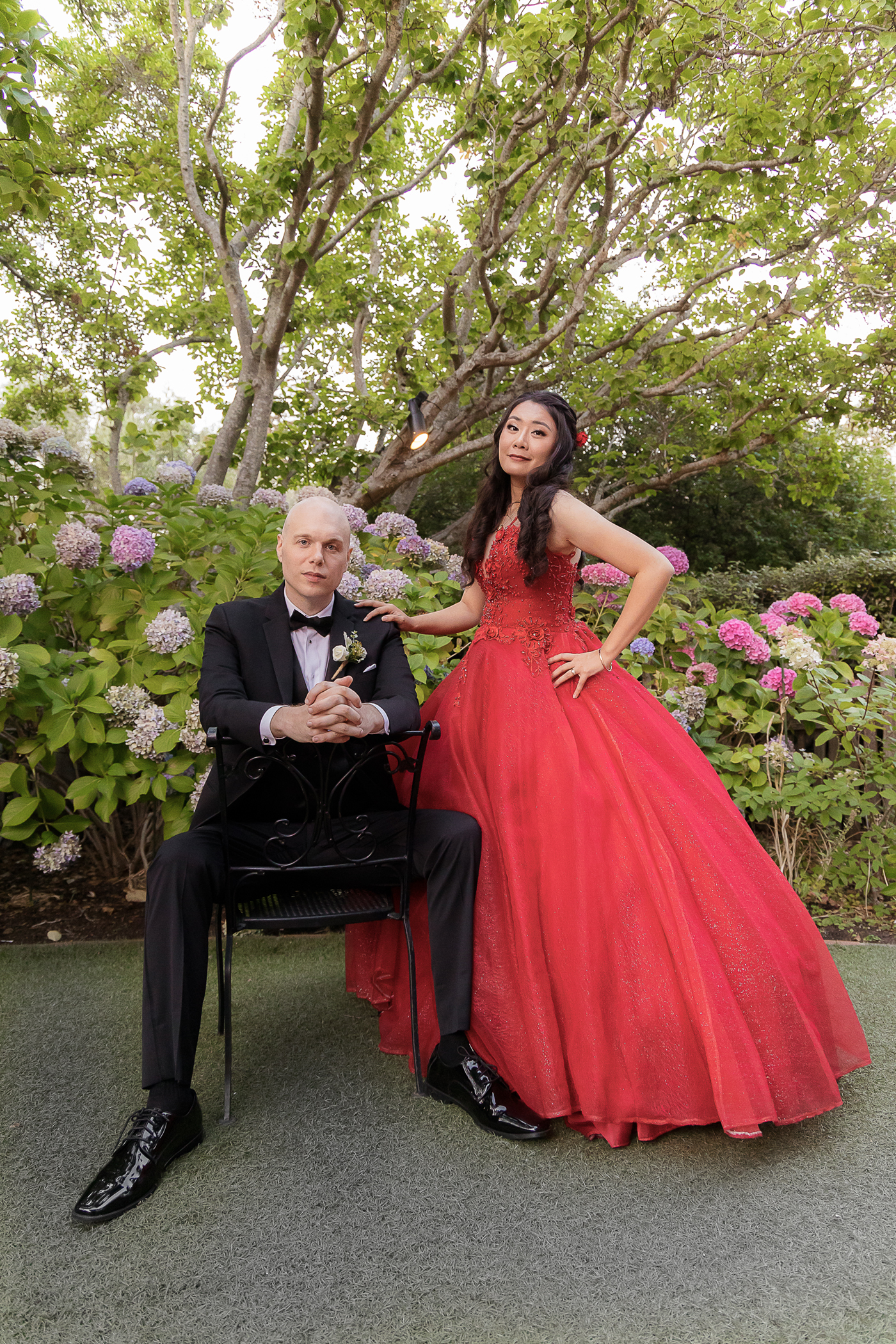 Bride and groom portrait in natural light at Allied Arts Guild in Menlo Park