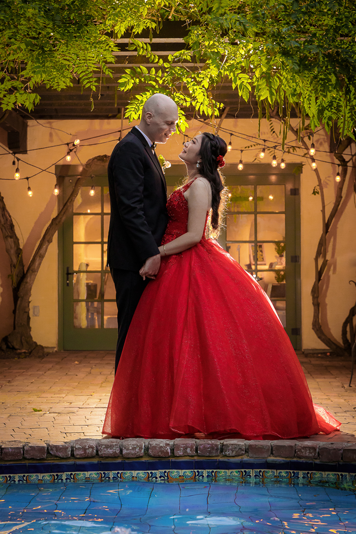 Bride and groom portrait during golden hour at Allied Arts Guild in Menlo Park
