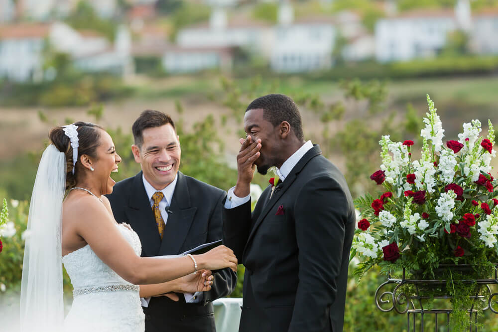 Joyful bride and groom during outdoor wedding ceremony at Bridges Golf Club in San Ramon California