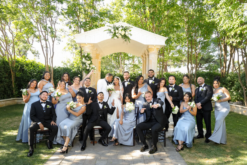 Bride, groom, and wedding party portrait at Brownstone Gardens in Oakley, Ca