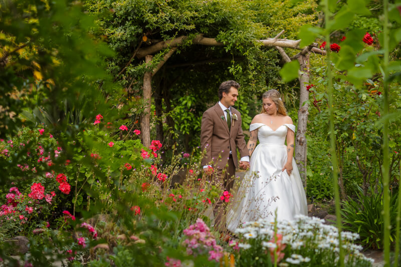Bride and groom portrait in the gardens at Wildwood Acres in Lafayette Ca