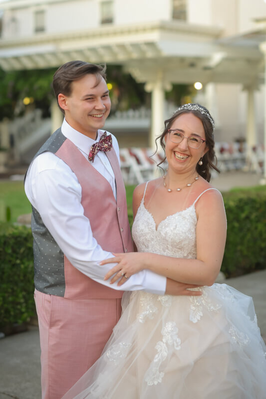Happy bride and groom portrait at Jefferson Street Mansion in Benicia Ca